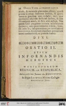 Oratio II: Utrum informandis Heroibus sit magisidoneum Regnum, an Respublica
