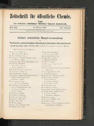 Sechste ordentliche Hauptversammlung des Verbandes selbständiger öffentlicher Chemiker Deutschlands am 30. September und 1. October 1901.