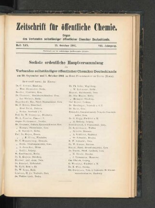Sechste ordentliche Hauptversammlung des Verbandes selbständiger öffentlicher Chemiker Deutschlands am 30. September und 1. October 1901.
