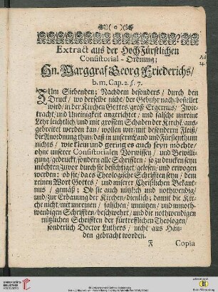 Extract aus der HochFürstlichen Consistorial-Ordnung