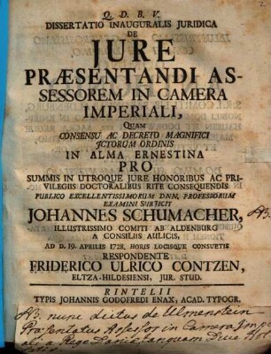 Diss. inaug. ... de iure praesentandi assessorem in camera imperiali