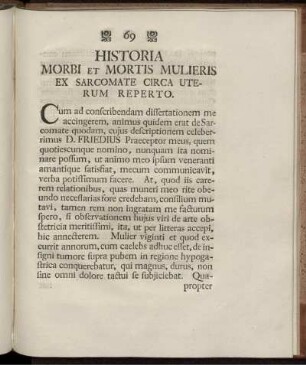 Historia morbi et mortis mulieris ex sarcomate circa uterum reperto.