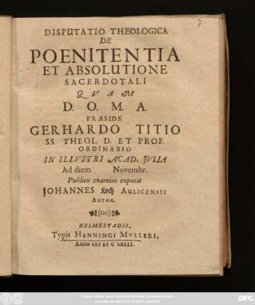 Disputatio Theologica De Poenitentia Et Absolutione Sacerdotali