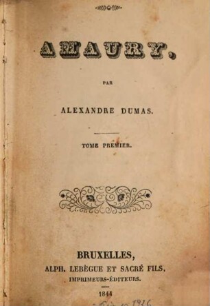 Amaury par Alexandre Dumas, 1