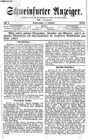 Schweinfurter Anzeiger. 1874 = Jg. 7, 1 - 6