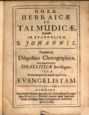Horae Hebraicae et Talmudicae, impensae in Evangelium S. Johannis
