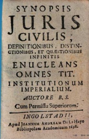 Synopsis Juris Civilis, Definitionibus, Distinctionibus Et Quaestionibus Infinitis Enucleans Omnes Tit. Institutionum Imperialium
