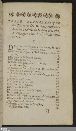 Table Alphabetique des Titres & des Matieres contenues dans les Traitez du Maistre d´ Hostel, de l´ Escuyer-Tranchant, & du Sommelier
