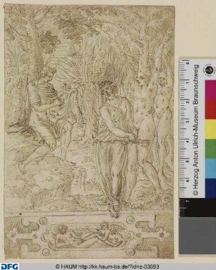Apoll die Leier spielend und Frau mit Schlüssel neben zwei zu Bäumen verwandelten nackten Frauen (Schwestern des Dädalus?), darunter die liegende Venus mit Amor