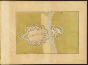 unbekannter Festungsplan in den Niederlande, kolorierter Handzeichnung, vor 1695 : [Festungsplan] / [Johann George Starck]. [S.l., S.a.].- [nach 1695] - 1 Plan : Handzeichng. ; 43,3 x 29,1 cm.