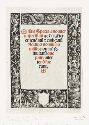 Randeinfassung mit einem leeren Wappenschild und vier Putti, Titelblatt aus: "Missale Speciale", Basel 1519