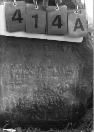Grabstein 414 (Index: 100115654) Material: Sandstein Zustand: teilweise stark verwittert mit Textverlust Maße HxBxT: 81x56x14 cm Beschreibung: Stele mit eingezogenem Rundbogenabschluß, eingetieftes Schriftfeld Symbolik: Blüte: Grabstein 414A (Detailaufnahme)