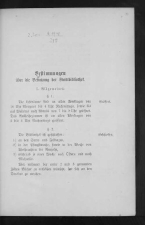 Bestimmungen über die Benutzung der Stadtbibliothek