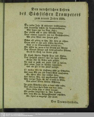 Den verehrlichen Lesern des Sächsischen Trompeters zum neuen Jahre 1830