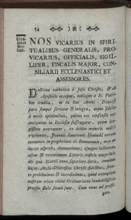 Nos Vicarius In Spiritualibus Generalis ... / Wir Vicarius In Spiritualibus Generalis ...