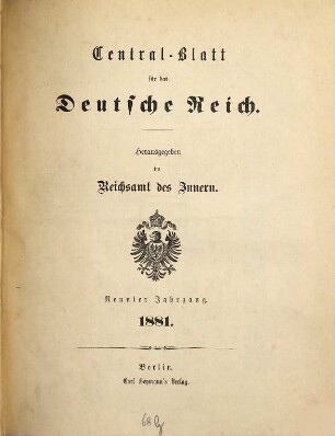 Zentralblatt für das Deutsche Reich, 9. 1881