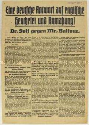 Sonderdruck mit der Stellungnahme des Staatssekretärs Wilhelm Solf zur Rede des britischen Premierministers Balfour zur deutschen und britischen Kolonialpolitik