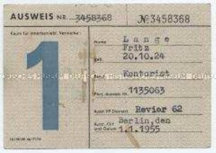 Betriebsausweis eines Kontoristen des VE Großhandelsbetrieb HO-Lebensmittel Berlin
