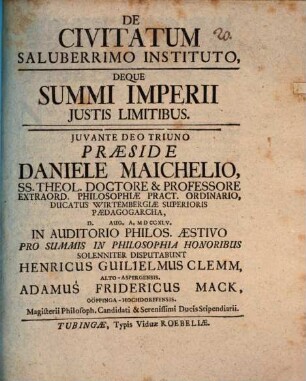 De civitatum saluberrimo instituto, deque summi imperii iustis limitibus
