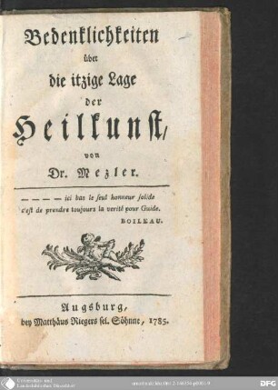 Bedenklichkeiten über die itzige Lage der Heilkunst