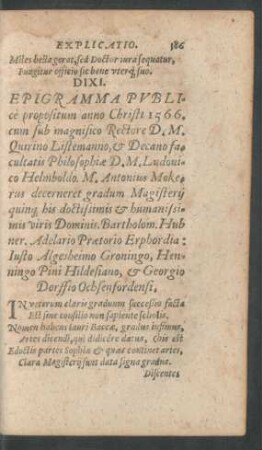 Epigramma Publice propositum anno Christi 1566 ...