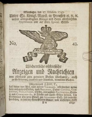 No. 43. Montags, den 27. Octobris. 1749.