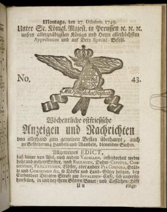 No. 43. Montags, den 27. Octobris. 1749.