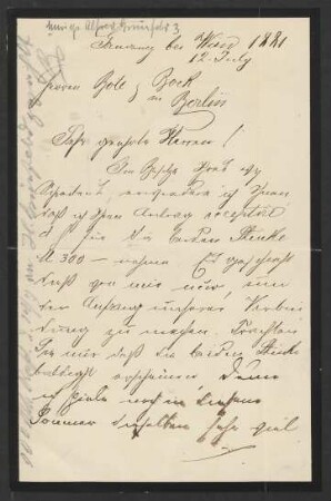 Brief an Musikverlag Bote und Bock : 12.07.1881