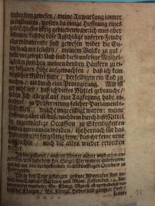 Ihro Königliche Majestät in Groß-Britanien an dero beyde Parlaments-Häuser am 19. Junii gethane Anrede, den Auffschub ihrer Versamlung betreffend : mit angeheffteter Lista derer bey jüngsten im Chur-Brandenburgischen vorgeloffen Treffen an Schwedischer Seite verlohrnen so wol hoher Kriegs-Bedienter als Kriegs-Materialien
