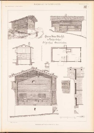 Bauernhaus, Tschiertschen: Grundriss, Perspektivische Ansicht, Vorderansicht, Seitenansicht, Querschnitt, Detail (aus: Das Bauernhaus in der Schweiz, hrsg.v. Schweiz. Ingenieur- und Architektenverein, 1903)