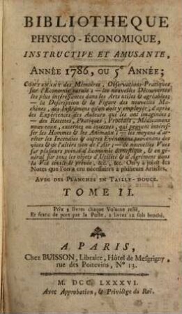 Bibliothèque physico-économique : instructive et amusante. 1786,2, 1786,2 = A. 5