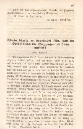 Worin dürfte es begründet sein, daß im Herbst 1844 die Roggensaat so dünn auflief?