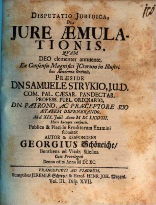 Disputatio Iuridica, De Iure Aemulationis
