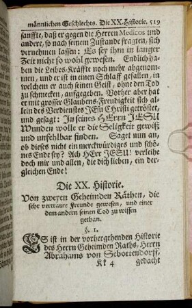 Die XX. Historie. Von zweyen Geiheimden Räthen, die sehr vertraute Freunde gewesen, und einer andern seinen Tod zu wissen gethan.