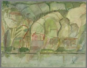 Ohne Titel [Häuser und Weinberge am Fluss]
