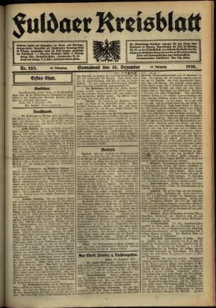 Erste Ausgabe vom Samstag, den 10. Dezember 1910.