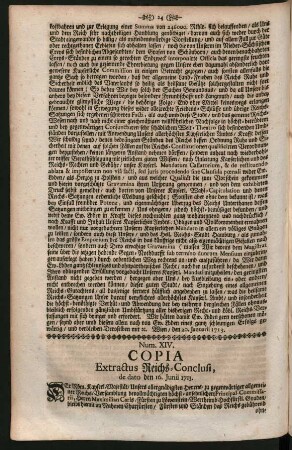 Num. XIV. Copia Extractus Reichs-Conclusi, de dato den 16. Junii 1713