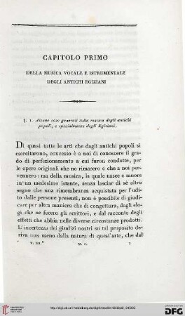 Capitolo primo: Della musica vocale e istrumentale degli antichi egiziani