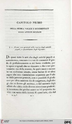 Capitolo primo: Della musica vocale e istrumentale degli antichi egiziani