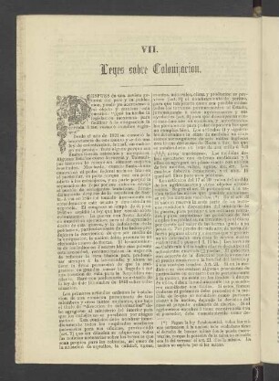 VII. Leyes sobre Colonizacion.