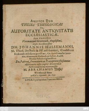 Auspice Deo Theses Theologicas De Autoritate Antiquitatis Ecclesiasticae