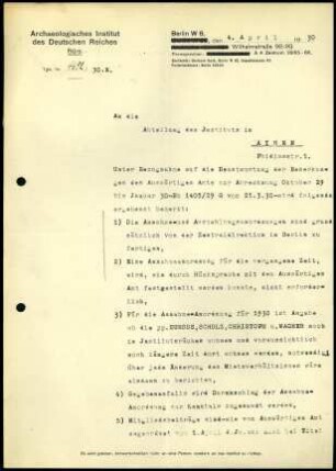 Schreiben; AIDR an DAI Athen (Abrechnung 10.1929-01.1930)