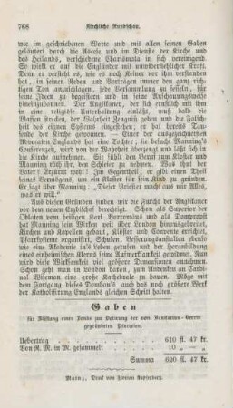 768 Gaben für Stiftung eines Fonds zur Dotierung der vom Bonifacius-Verein gegründeten Pfarreien