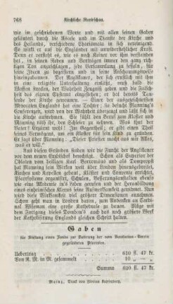 768 Gaben für Stiftung eines Fonds zur Dotierung der vom Bonifacius-Verein gegründeten Pfarreien