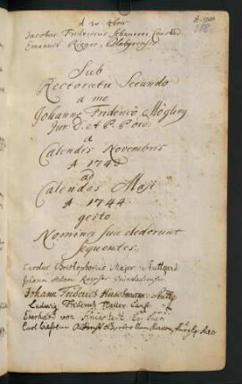 Winterhalbjahr 1743/1744. Rektorat Johann(es) Friedrich Mögling