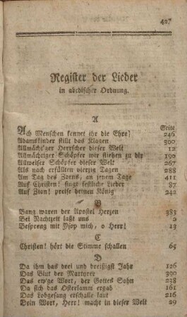 Register der Lieder in abcdischer Ordnung.