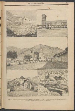 [Vistas de] Puno. (Carabaya - Cordillera oriental) : 1. Nevado de Anauco Poto. - 2. Plaza de Azángaro en feria. - 3. Pueblo de San Antón. - 4. Pueblo de Coasa. - 5. Indio lavando oro (Inambari).