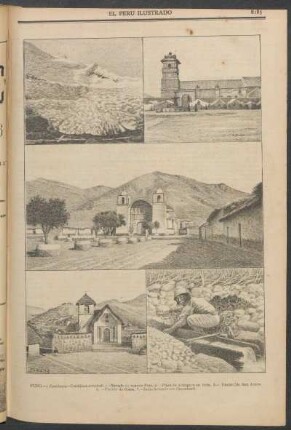 [Vistas de] Puno. (Carabaya - Cordillera oriental) : 1. Nevado de Anauco Poto. - 2. Plaza de Azángaro en feria. - 3. Pueblo de San Antón. - 4. Pueblo de Coasa. - 5. Indio lavando oro (Inambari).
