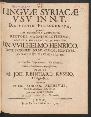De Linguæ Syriacæ Usu In N. T. : Disputatio Philologica