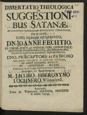 Dissertatio Theologica De Suggestionibus Satanæ